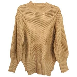Oversized Drop Shoulder Long Bell Sleeve Tan Pullover Hi-Lo Sweater Size Small